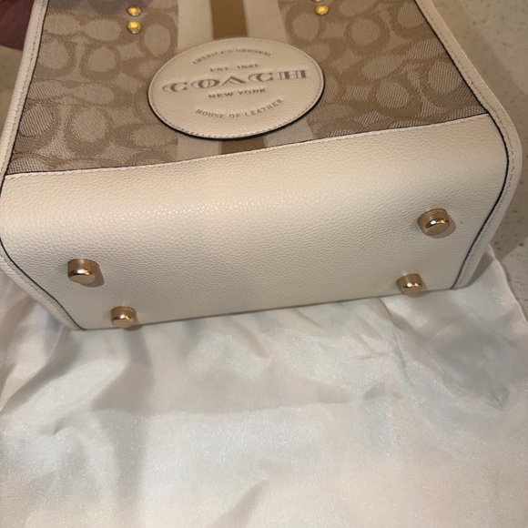 Coach small Beige Signature Jacquard Cream Leather Stripe Dempsey 22 Satchel - Picture 6 of 15